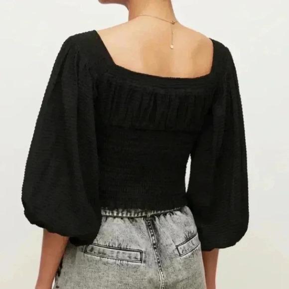 All Saints Sz 10 Tia Top Shirt Black Textured Lightweight Puff Sleeve Boho Chic - Picture 2 of 11